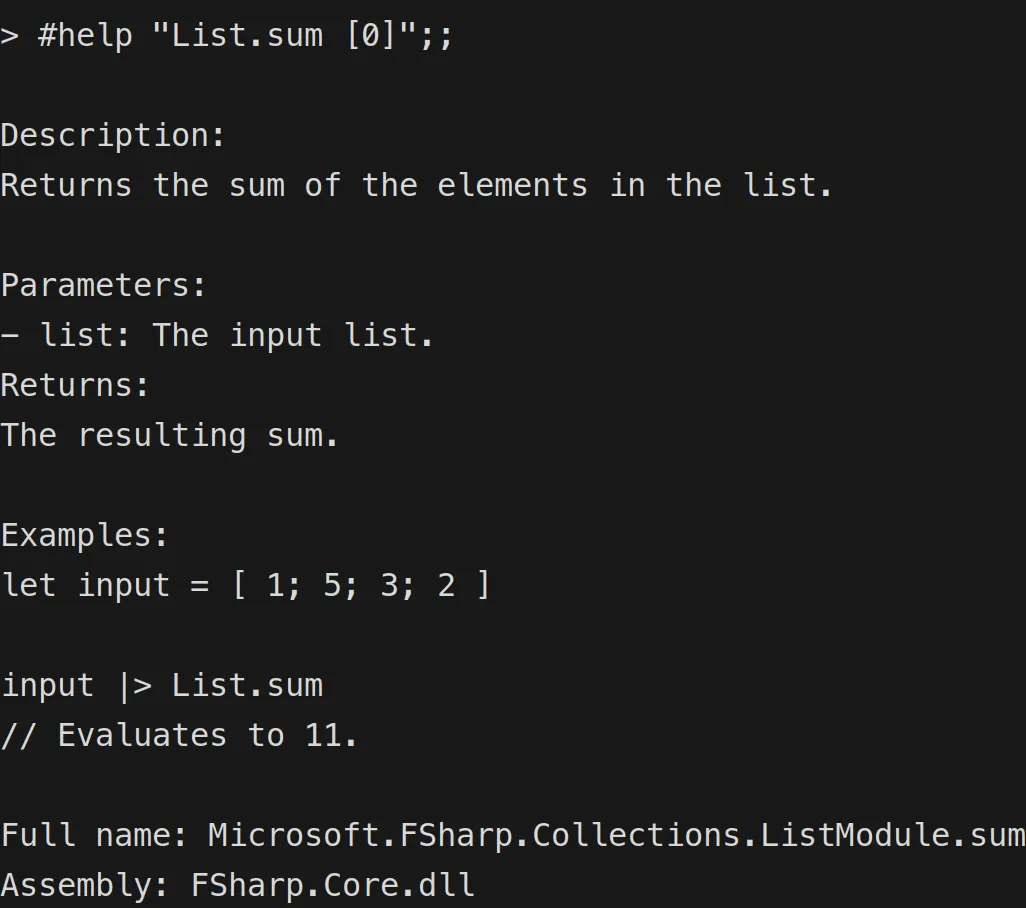 fsi #help List.sum output
